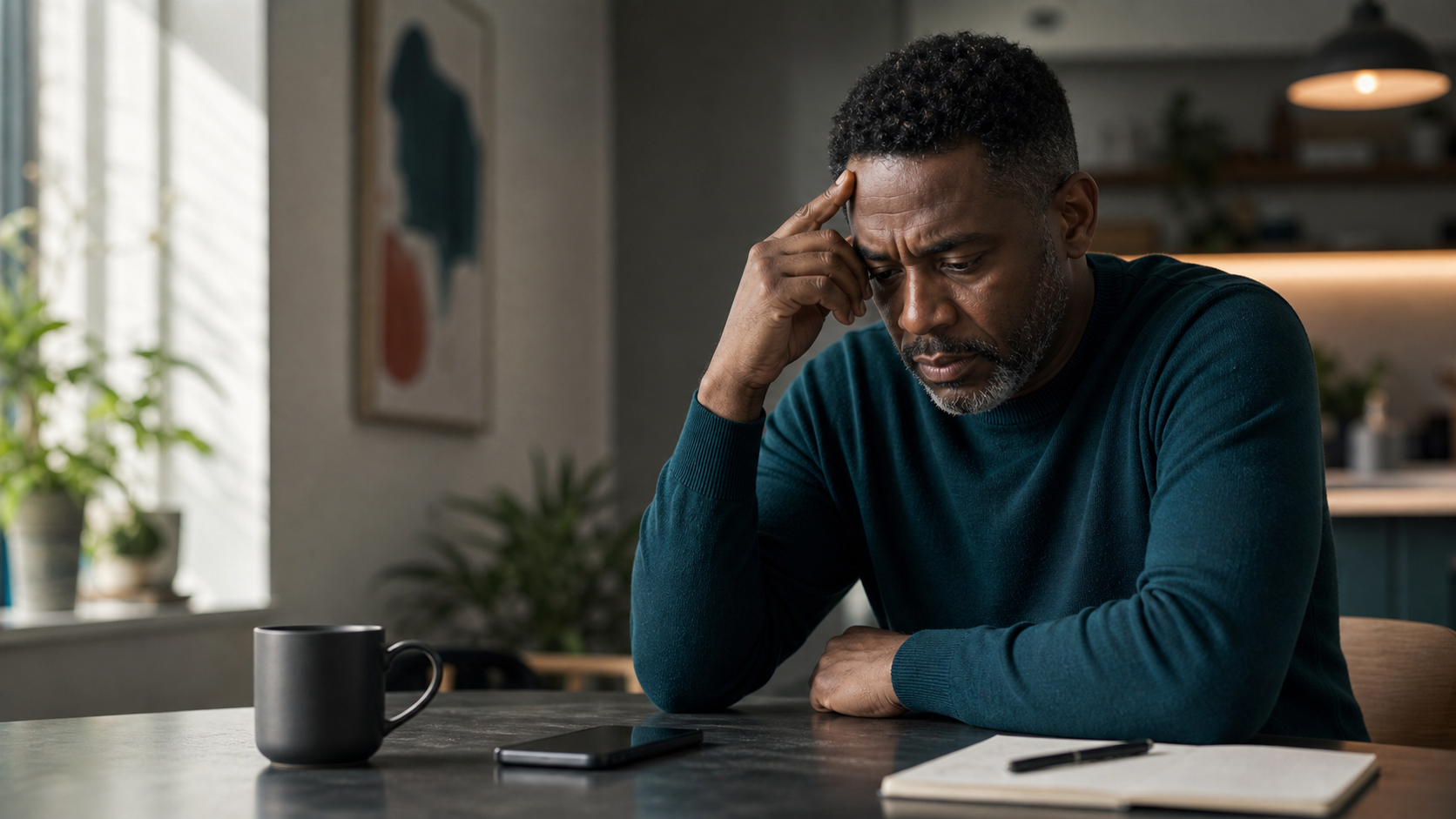 Middle-aged Black man pausing after a difficult message.