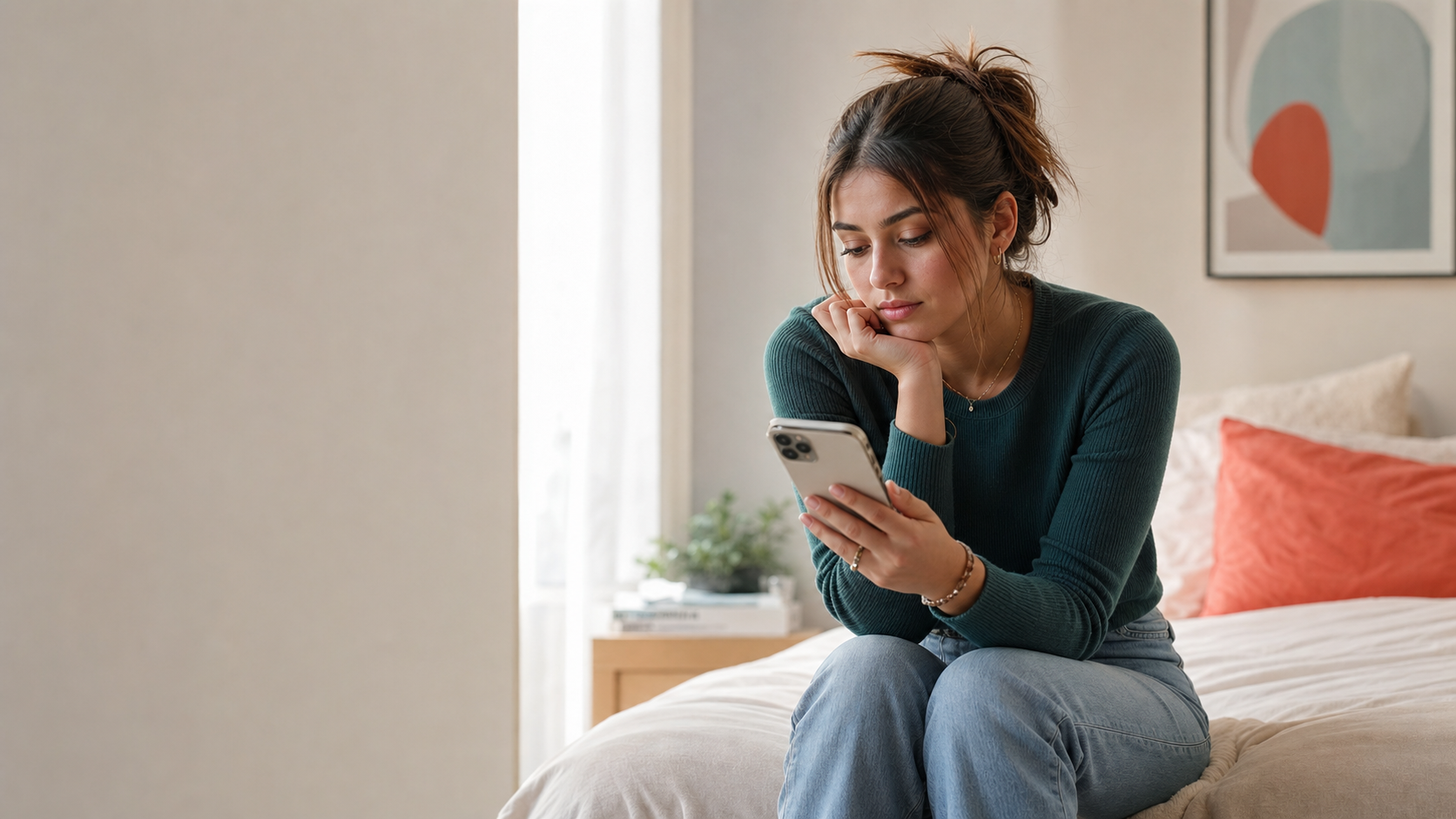 Young woman looking at her phone in a quiet bedroom.